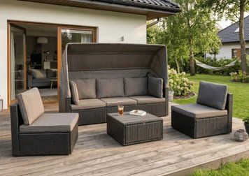 Лаунж-комплект Mebel Elite Caliente &mdash; диван з пуфами, чорний ротанг/коричневі подушки ME.CALIENTE/CZ/RT/OGR/ZES фото