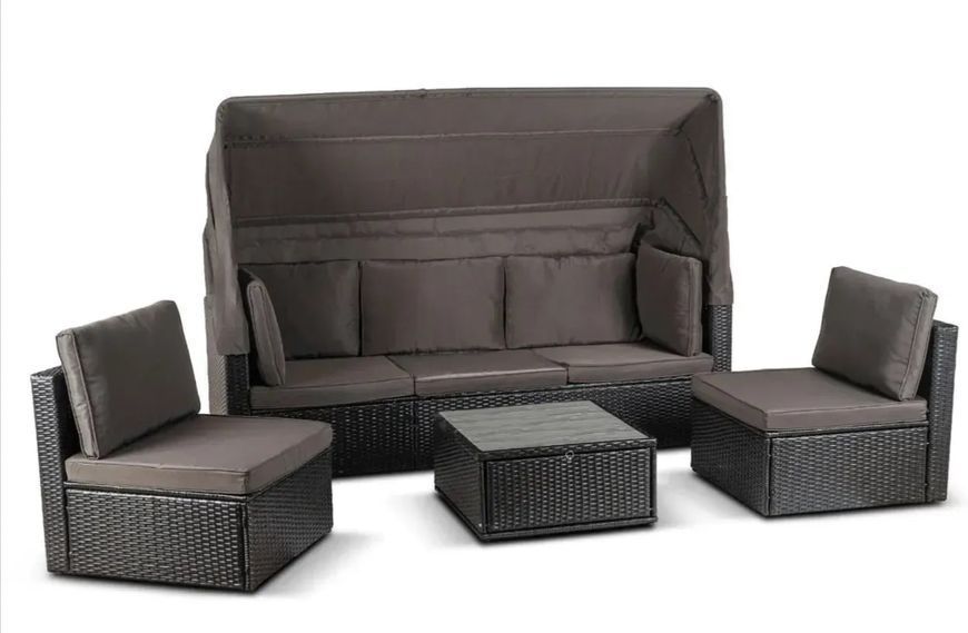 Лаунж-комплект Mebel Elite Caliente &mdash; диван з пуфами, чорний ротанг/коричневі подушки ME.CALIENTE/CZ/RT/OGR/ZES фото