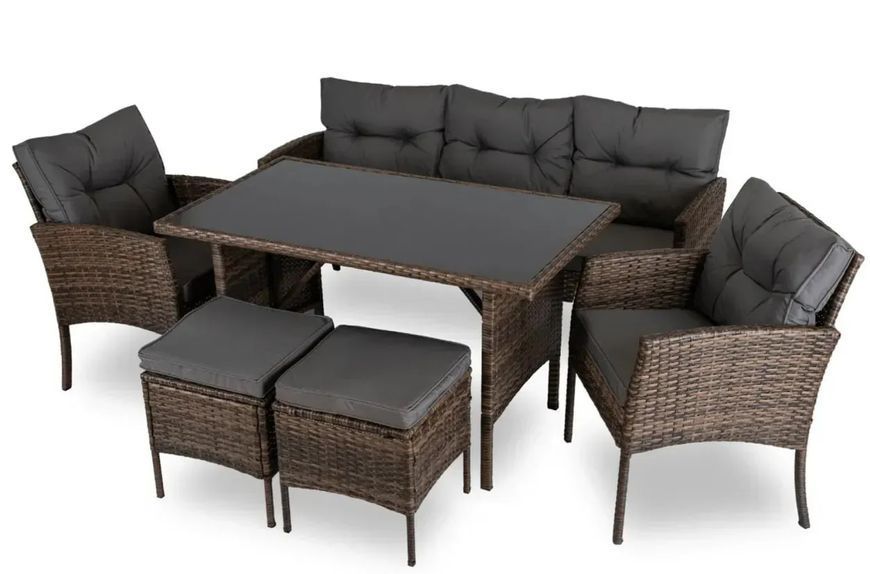 Садовий комплект Mebel Elit Atlanta &mdash; диван, 2 крісла, 2 пуфи, стіл, коричневий ротанг, 6 місць ME.ATLANTA/BR/RT/OGR/ZES фото