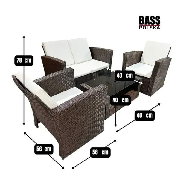 Комплект садових меблів із техноротангу Bass Polska BH 30087 для 4 осіб &mdash; диван, 2 крісла, журнальний столик зі склом, коричневий BH 30087 фото