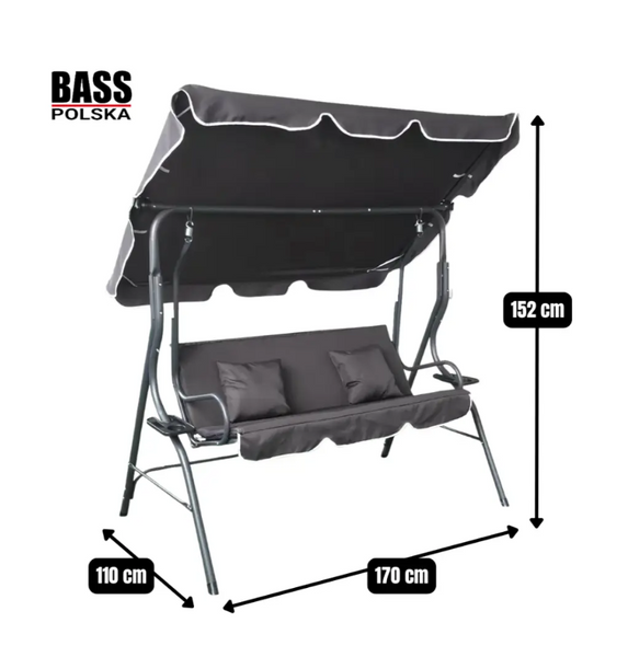 Качели садовые трехместные 170x110x153 см Bass Polska BH 10030 с подстаканниками и подушками, цвет антрацит. BH 10030 фото