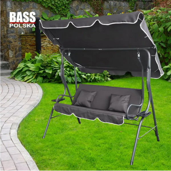 Качели садовые трехместные 170x110x153 см Bass Polska BH 10030 с подстаканниками и подушками, цвет антрацит. BH 10030 фото
